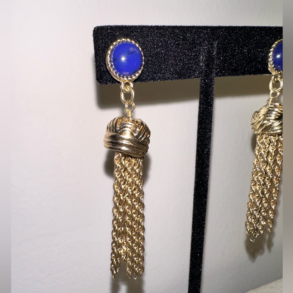 White House Black Market Silver-Tone Tassel Drop Earrings with Blue Cabochon